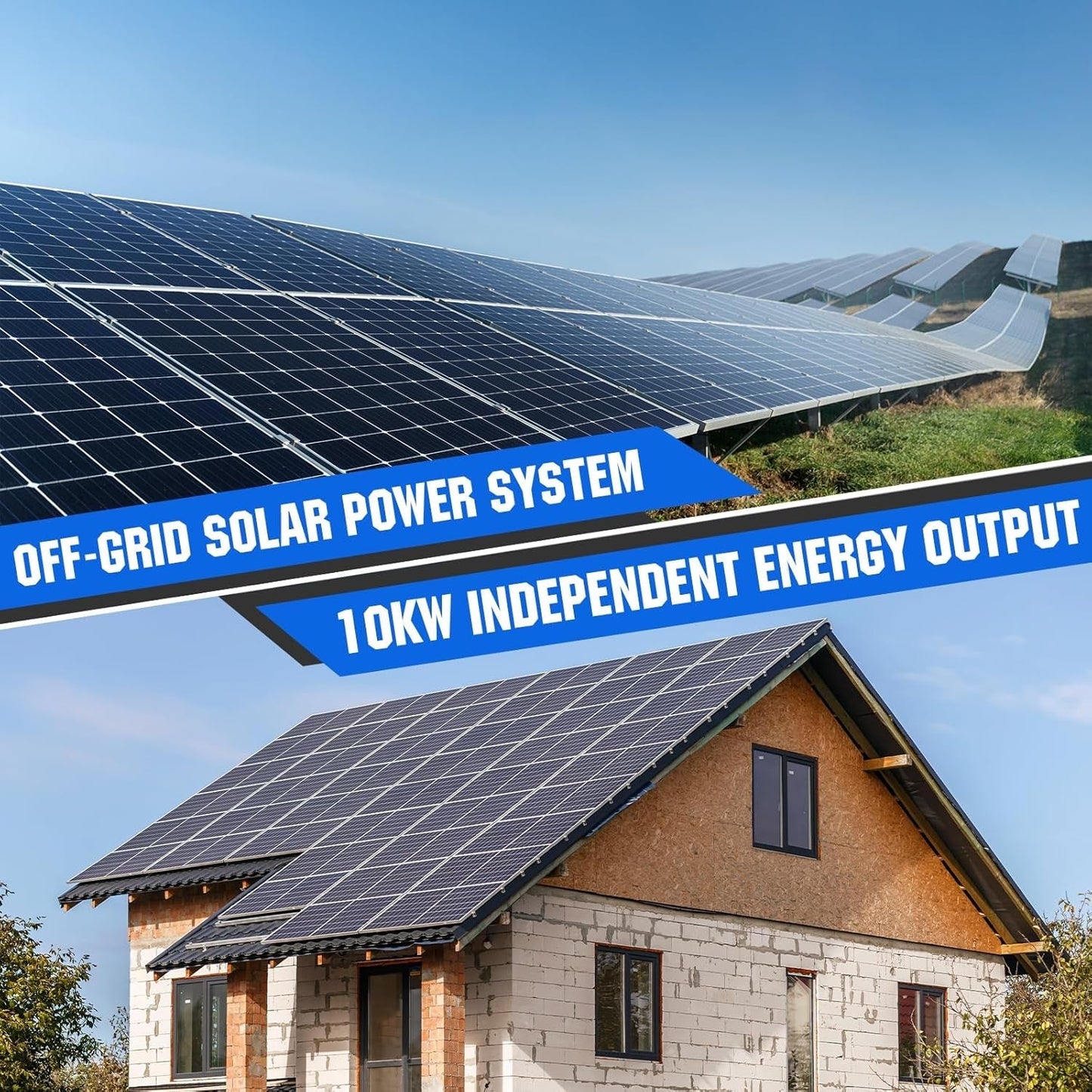 10KW Home Off-Grid Solar Power System: 10KW 120V/240V Output Inverter (2 * 5000W)+ 40Kwh 9840W Solar Panel (12 * 410W)+ 28.67Kwh Lithium Battery Bank (8 * 280Ah),Complete Hybrid Solar Kit