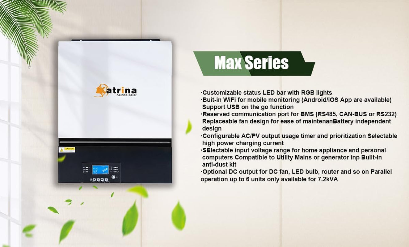 6500W Solar Inverter, Hybrid Solar Inverter, 48VDC to 120VAC, Pure Sine Wave Off-Grid Inverter with Build-In MPPT Solar Charge Controller, Support Utility/Generator/Solar Energy