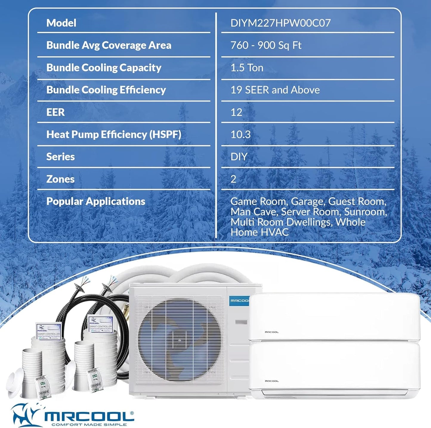 DIYM227HPW00C07 DIY Multi-Zone Series Ductless Heat Pump, White