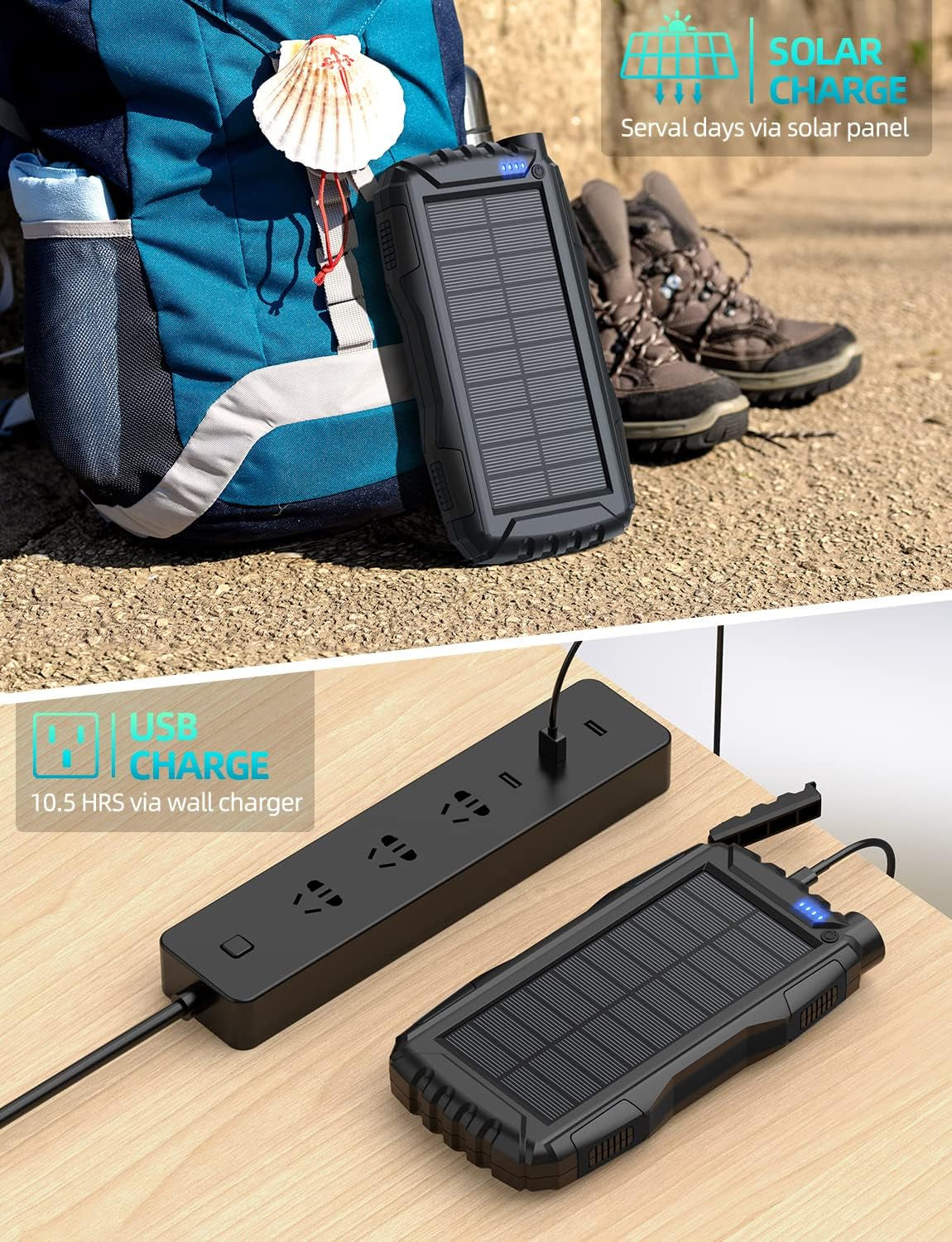 Power-Bank-Solar-Charger - 42800Mah Portable Charger,Solar Power Bank,External Battery Pack 5V3.1A Qc 3.0 Fast Charger Built-In Super Bright Flashlight (Deep Black)