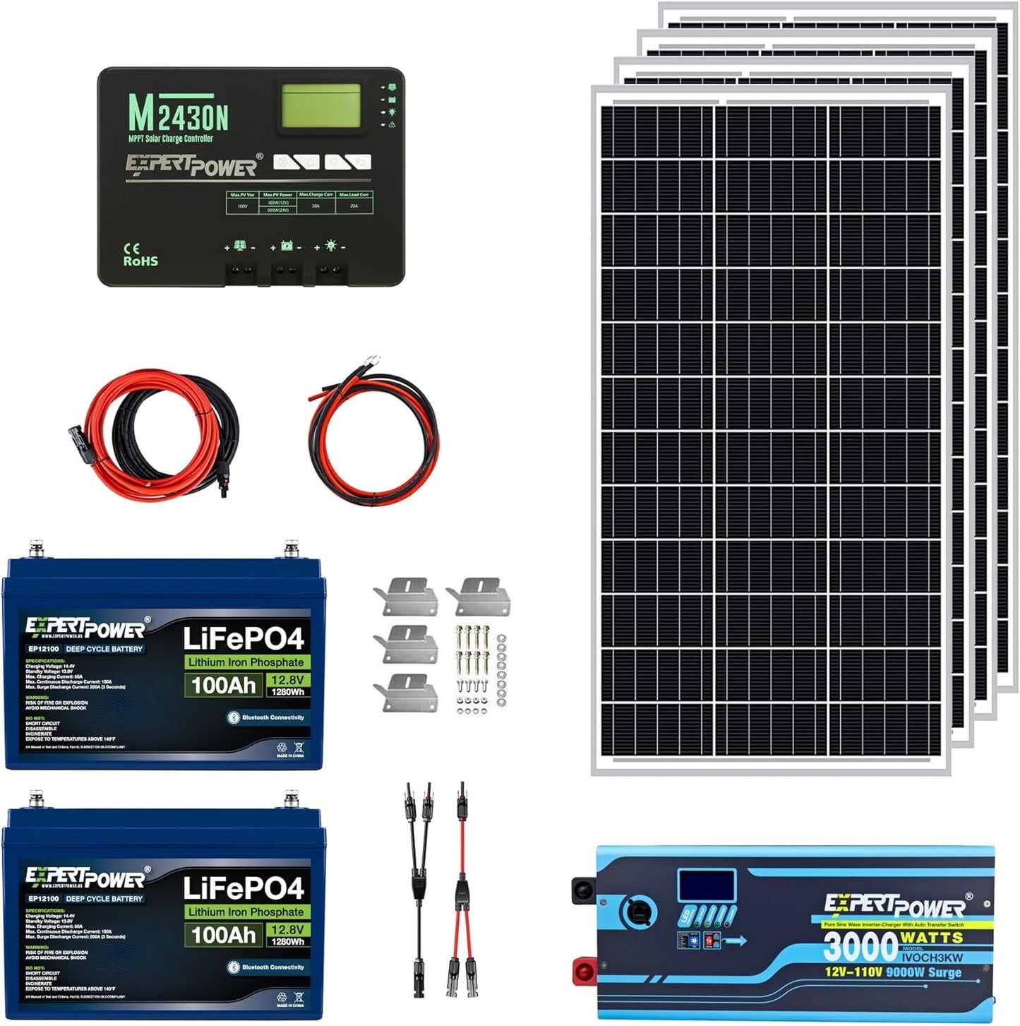 2.5KWH 12V Solar Power Kit | Lifepo4 12V 100Ah, 400W MONO Solar Panels, 30A MPPT Solar Charge Controller, 3KW Pure Sine Wave Inverter Charger | RV, Trailer, Camper, Marine, off Grid