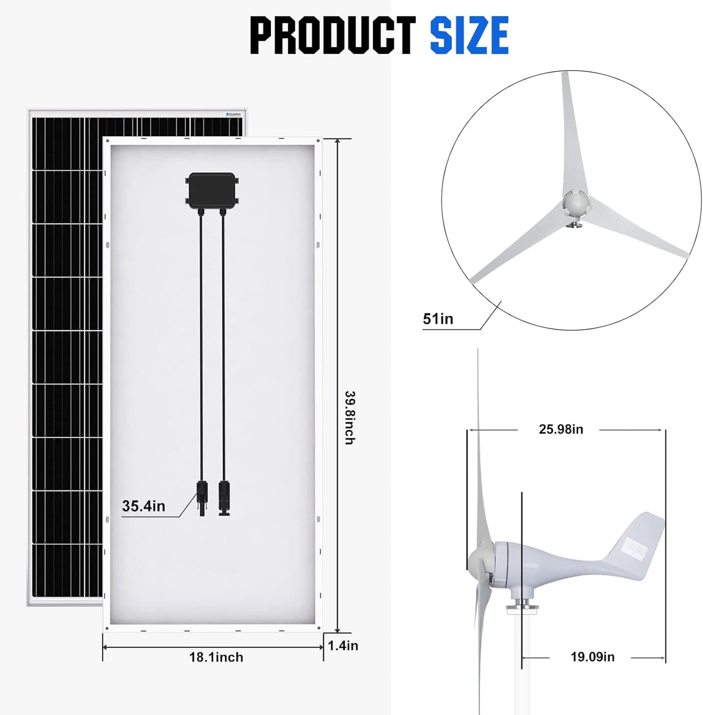 600W Solar Wind Power Kit: 2X 100W Mono Solar Panel + 1X 400W Wind Turbine Generator for Home/Rv/Boat/Farm/Street Light and Off-Grid Appliances…