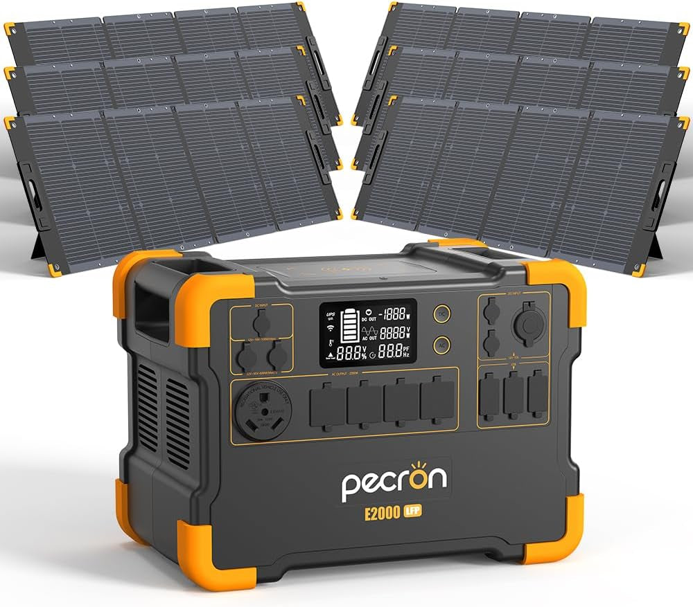 Portable Power Station E2000LFP Power Station with 6X200W Solar Panels Solar Power Station 6X110V/2000W AC Outlets Lifepo4 Battery Backup for Outdoors Camping Emergency