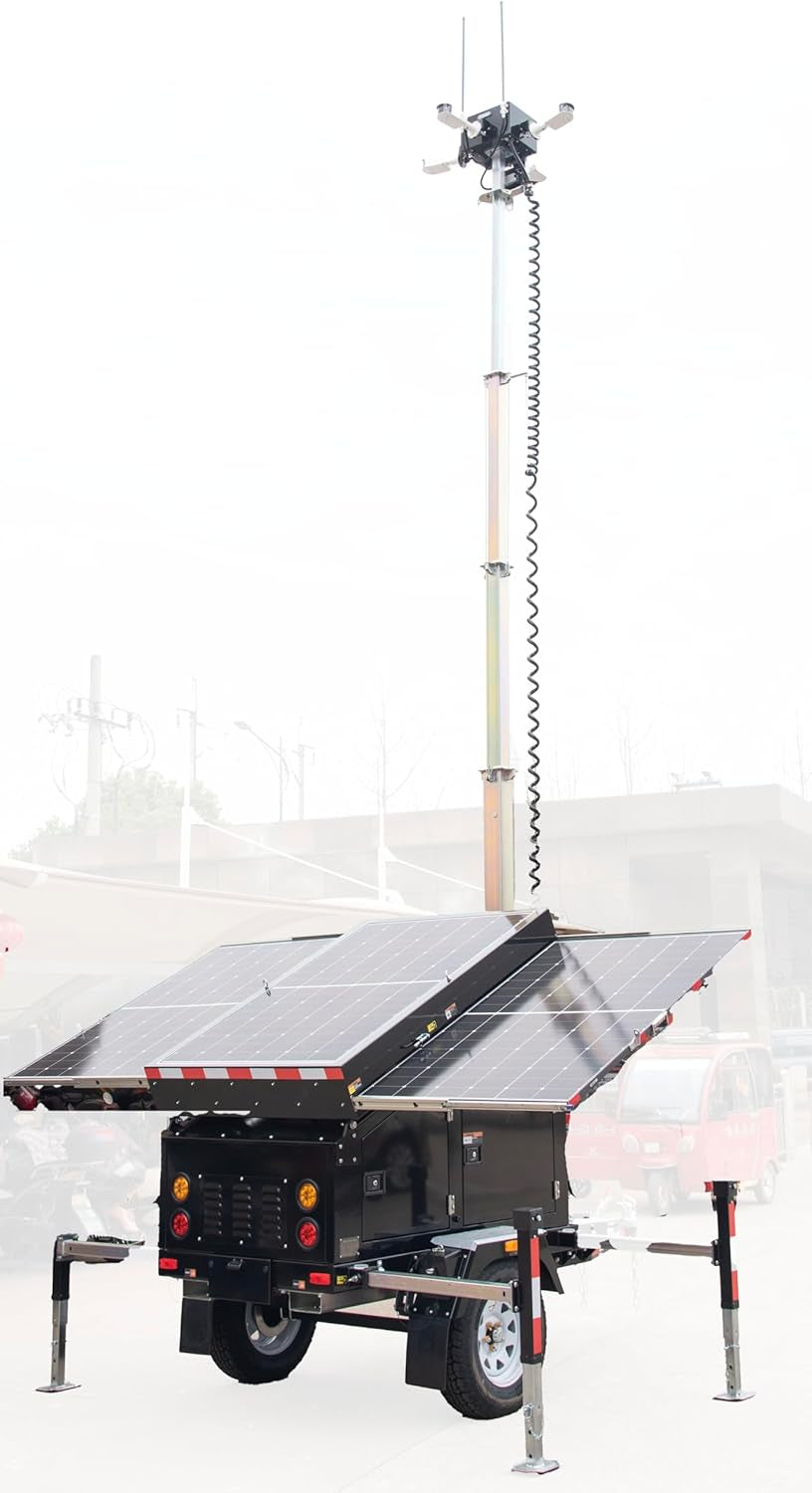Mobile Solar Powered CCTV Tower with Hybrid System, 3X 435W Solar Panels, 6X150Ah GEL Batteries, Liquid-Propelled Trailer Mount