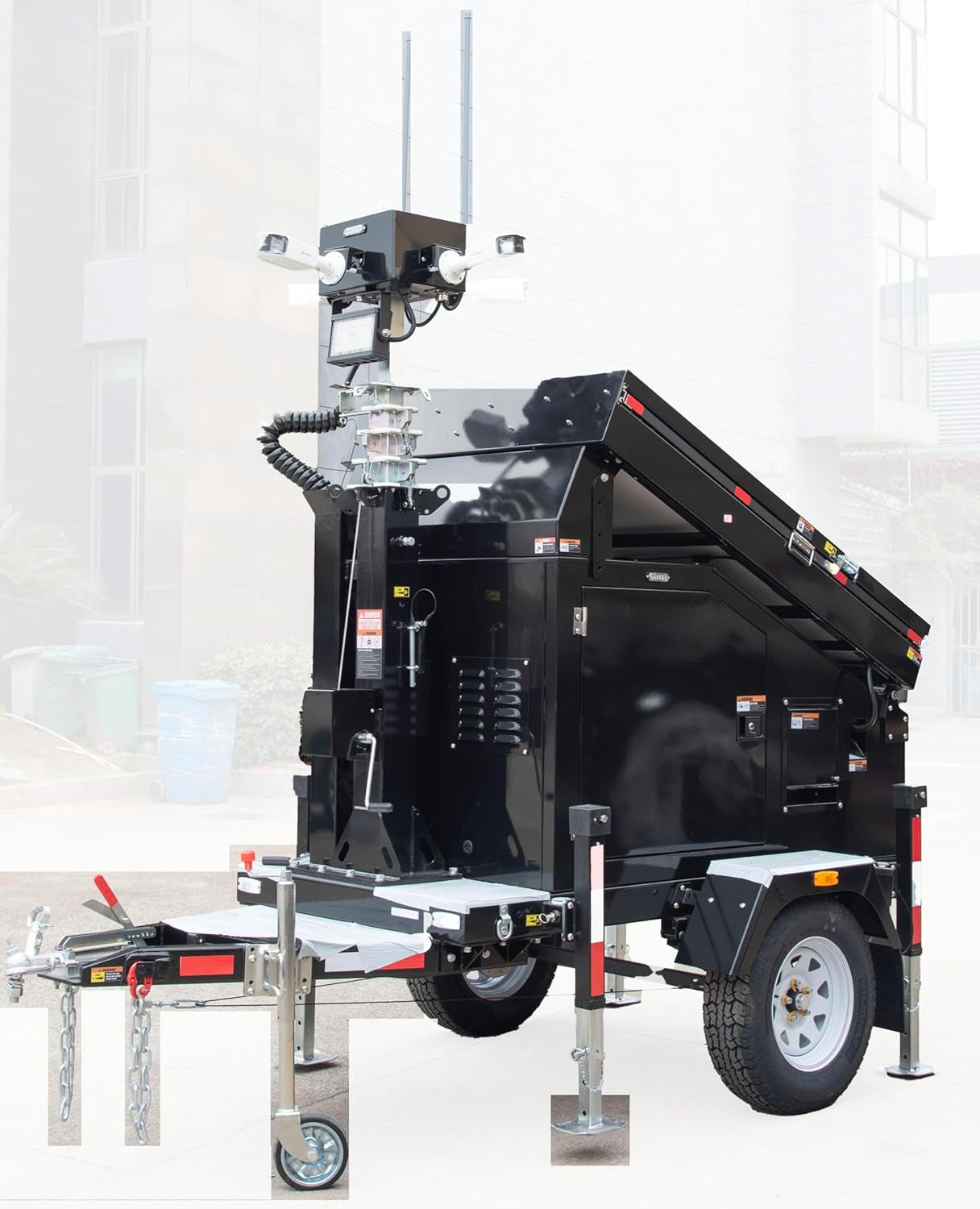 Mobile Solar Powered CCTV Tower with Hybrid System, 3X 435W Solar Panels, 6X150Ah GEL Batteries, Liquid-Propelled Trailer Mount