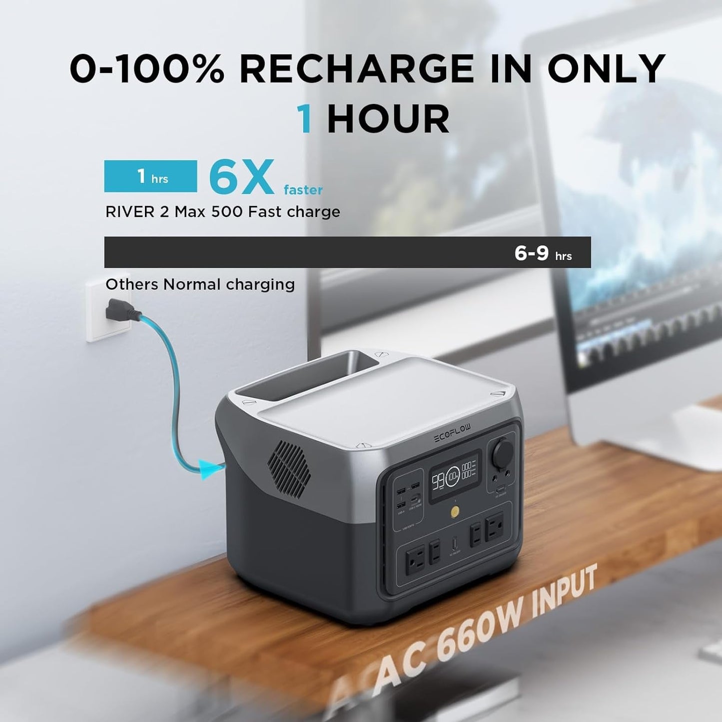 Portable Power Station RIVER 2 Max 500, 499Wh Lifepo4 Battery/ 1 Hour Fast Charging, up to 1000W Output Solar Generator (Solar Panel Optional) for Outdoor Camping/Rvs/Home Use
