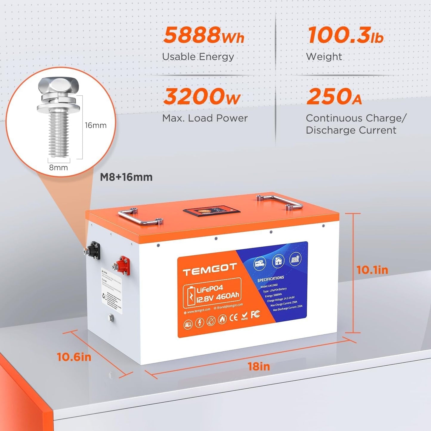 12V 460Ah Lifepo4 Lithium Battery with Touchable Screen, APP Monitoring, Built-In 250A BMS, Max. 3200W Load Power, 5880Wh Usable Energy, 5000+ Cycles, Perfect for Rv/Camper, Solar, and Off-Grid.