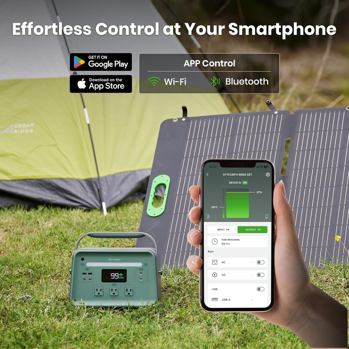 Solid-State Solar Generator 602Wh with 100W Solar Panel, 3X AC Outlets 660W, Smart APP Control, Portable Power Station for Home Backup, Outdoors, Camping, Emergency, Rvs
