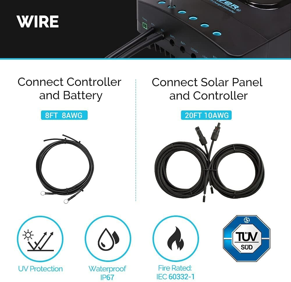 600W 12V Monocrystalline Solar Premium Kit with 60A MPPT Charger Controller /Bluetooth Module /Adaptor Kit /Tray Cables /Fuse Cable /Mounting Z Brackets /ANL Fuse /Branch Connectors