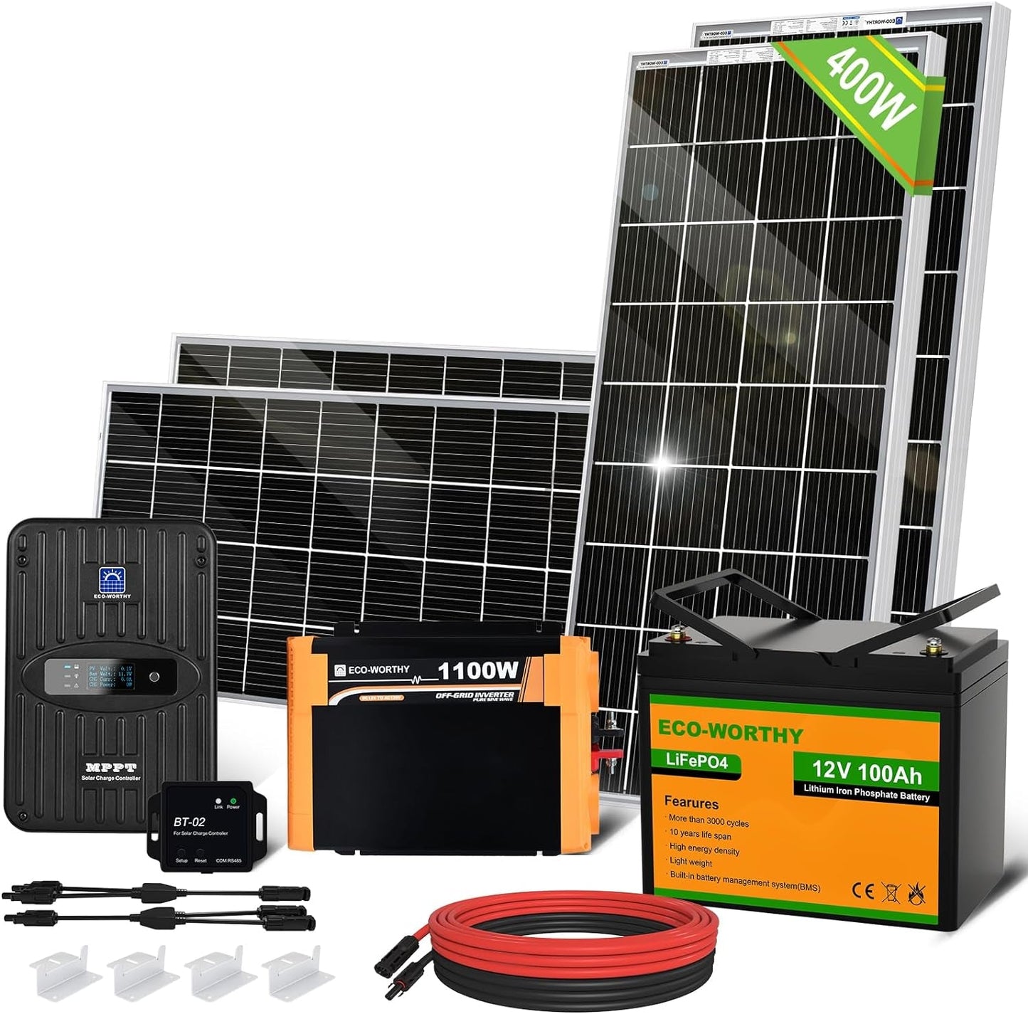 1.6KWH Complete Solar Panel Kit 400W 12V for RV off Grid: 400W Solar Panels + 40A MPPT Charge Controller +12V 100Ah Lithium Battery + 1100W Solar Power Inverter + Bluetooth Module…