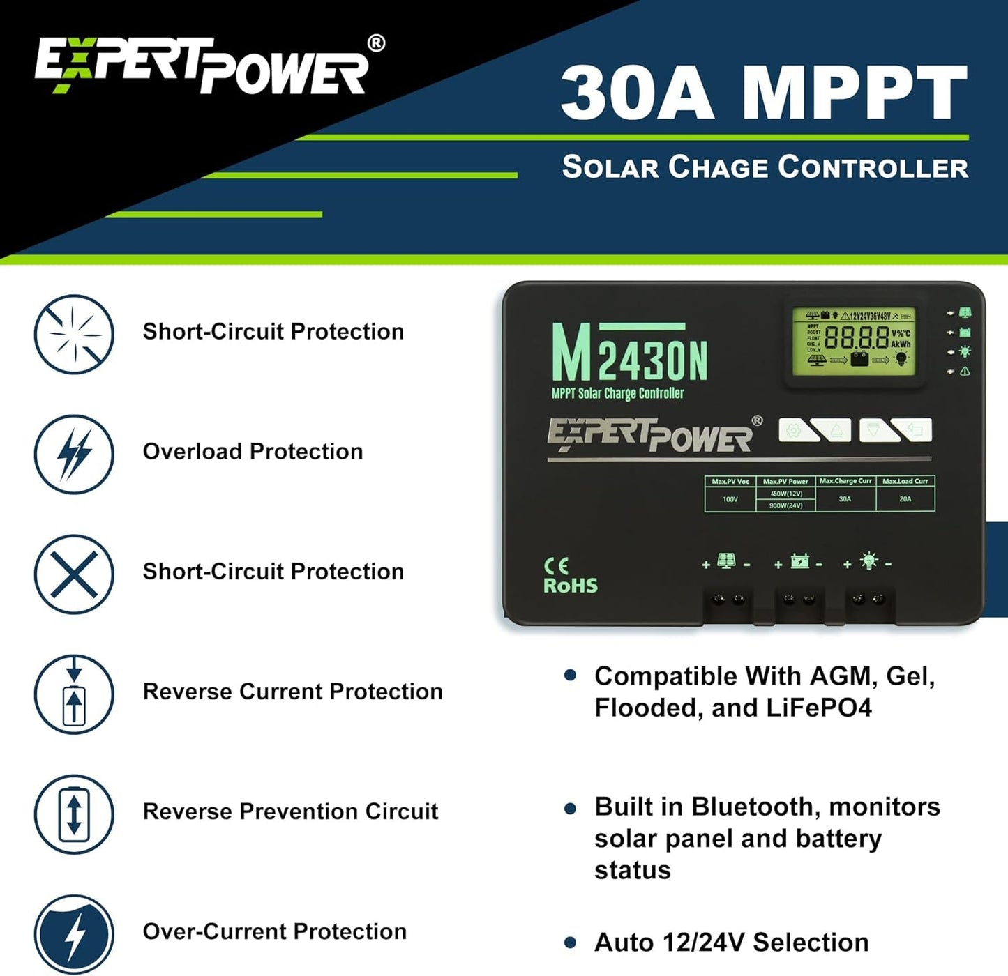 2.5KWH 12V Solar Power Kit | Lifepo4 12V 100Ah, 400W MONO Solar Panels, 30A MPPT Solar Charge Controller, 3KW Pure Sine Wave Inverter Charger | RV, Trailer, Camper, Marine, off Grid