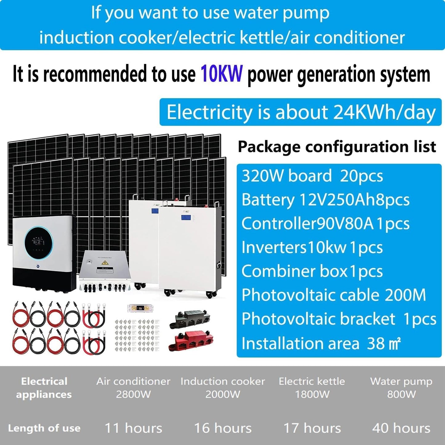 10KW off Grid Solar System Complete Kit,Home Solar Power System Complete Kit,20Pcs 320W Solar Panel(6400W) + 8Pcs 12V 250AH Lithium Battery(24Kw·H) + 120V~240V Output,10Kw Inverter
