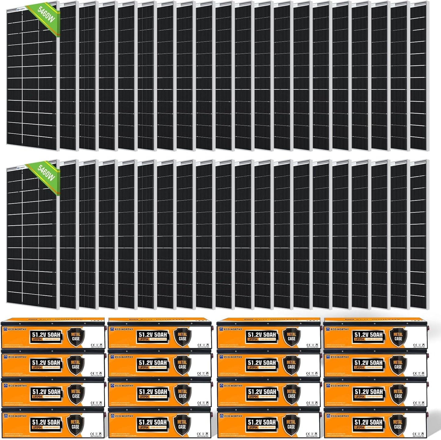 10920W Solar Panels for Homes with 48V 400AH Lifepo4 Battery:56Pcs 12V 195W Bifacial Monocrystalline Solar Panel+16Pcs 48V 50AH Lithium Battery,Off Grid Solar System Complete Kit