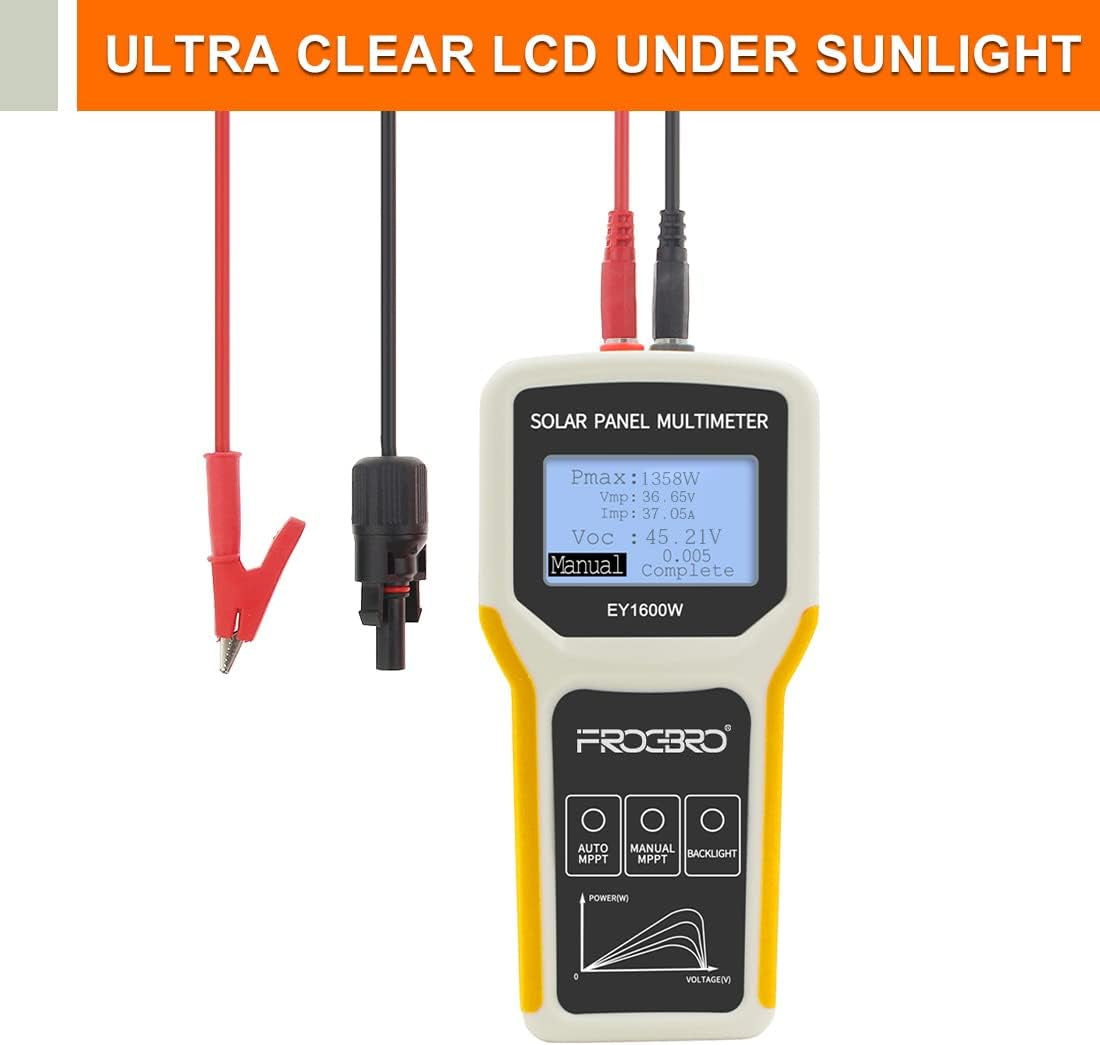 Upgrade Solar Panel Tester Photovoltaic Multimeter Upgrade EY1600W with Ultra Clear LCD, Smart MPPT Open Circuit Voltage Troubleshooting Utility Tool for Solar PV Testing (LCD 1600W)